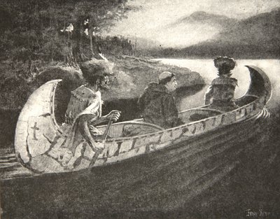 Llegó el jefe de la túnica negra,... el rostro pálido, con sus guías y sus compañeros, de La canción de Hiawatha de Henry Wadsworth Longfellow (1807-82), pub. por George G. Harrap y Company Ltd., 1911 de Frederic Remington